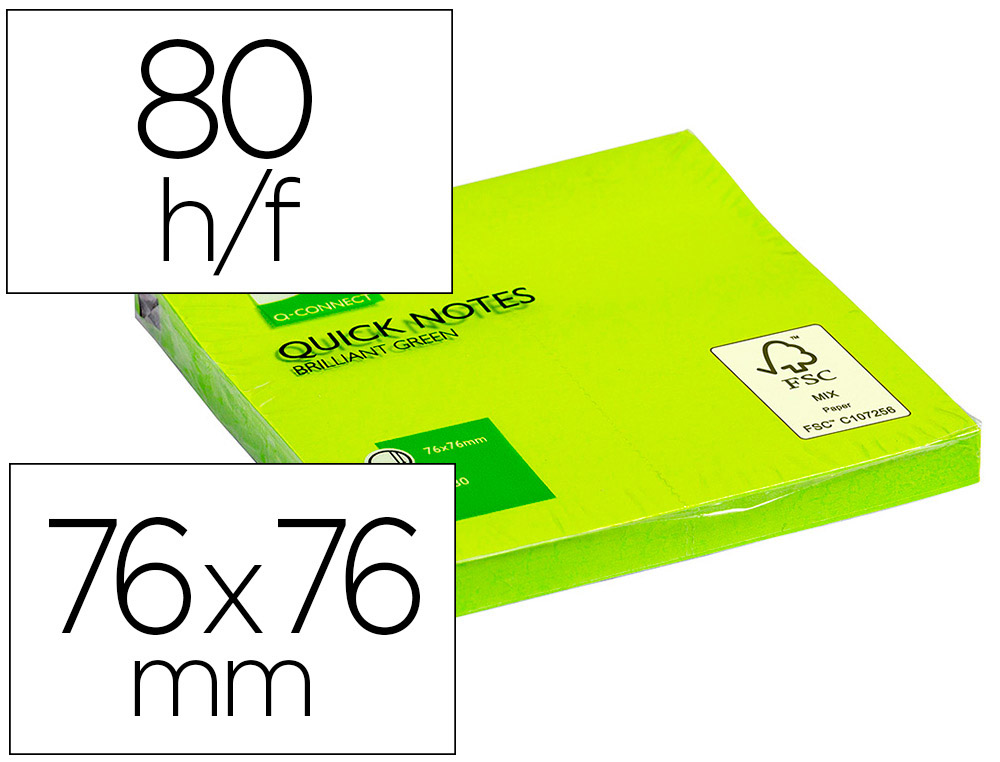BLOC DE NOTAS ADHESIVAS QUITA Y PON Q-CONNECT 76X76 MM VERDE NEON 80 HOJAS