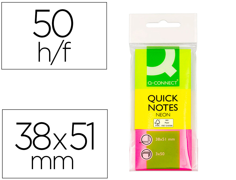 BLOC DE NOTAS ADHESIVAS QUITA Y PON Q-CONNECT 38X51 MM NEON PACK DE 3 UNIDADES CON 50 HOJAS POR COLOR