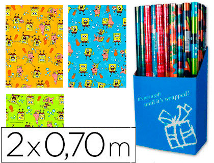 PAPEL DE REGALO INFANTIL BOB ESPONJA ROLLO ANCHO 70 CM LONGITUD 2 MT DISEOS SURTIDOS GRAMAJE 60 GR