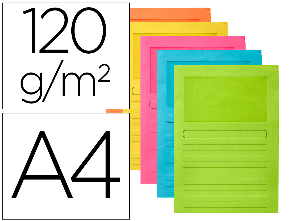 SUBCARPETA CARTULINA Q-CONNECT DIN A4 COLORES SURTIDOS CON VENTANA TRANSPARENTE 120G/M2 PAQUETE DE 25 UNIDADES