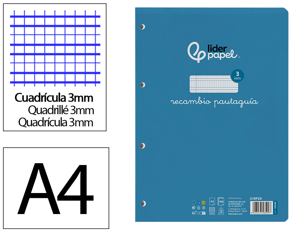 RECAMBIO LIDERPAPEL A4 PAUTAGUIA 100 HOJAS 75 G CUADRICULADO PAUTADO 3MM CON MARGEN 4 TALADROS