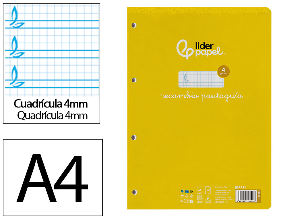 RECAMBIO LIDERPAPEL A4 PAUTAGUIA 100 HOJAS 75 G CUADRICULADO PAUTADO 4MM CON MARGEN 4 TALADROS