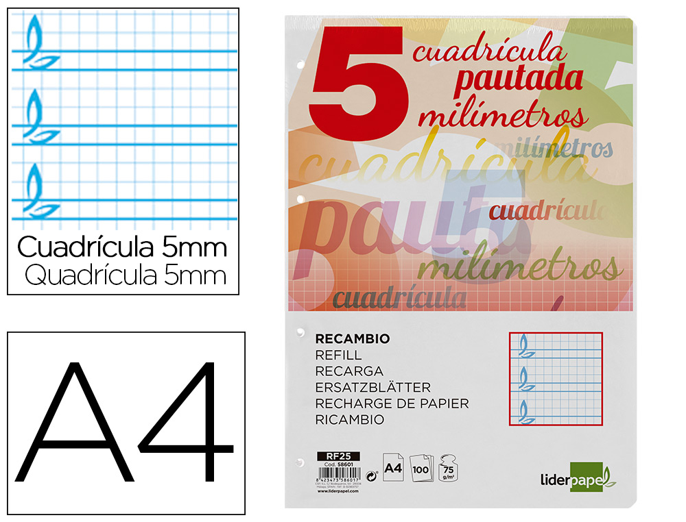 RECAMBIO LIDERPAPEL A4 PAUTAGUIA 100 HOJAS 75 G CUADRICULADO PAUTADO 5MM CON MARGEN 4 TALADROS