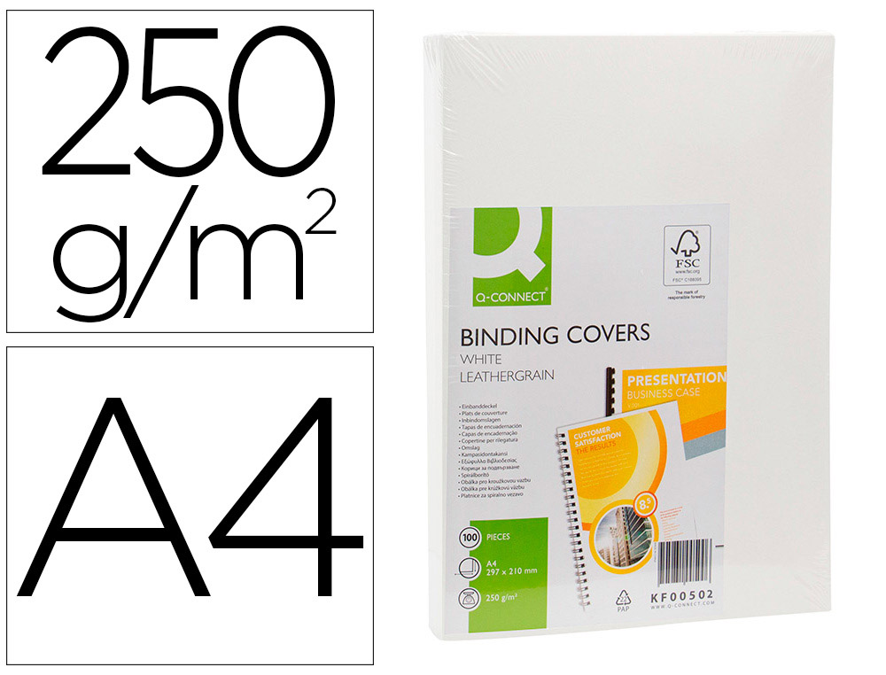 TAPA DE ENCUADERNACION Q-CONNECT CARTON DIN A4 BLANCO SIMIL PIEL CAJA DE 100 UNIDADES