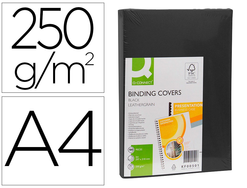 TAPA DE ENCUADERNACION Q-CONNECT CARTON DIN A4 NEGRO SIMIL PIEL 250 GR CAJA DE 100 UNIDADES
