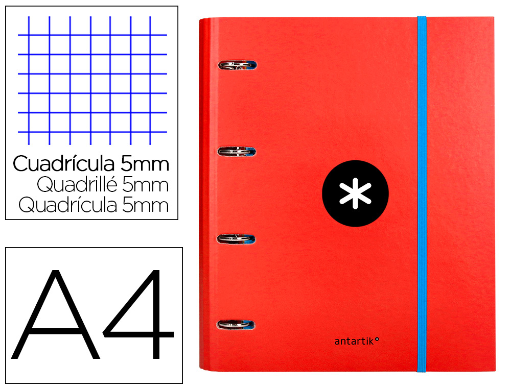 CARPETA CON RECAMBIO ANTARTIK A4 CUADRO 5MM FORRADA 4 ANILLAS 40MM REDONDAS CON SOLAPA COLOR ROJO