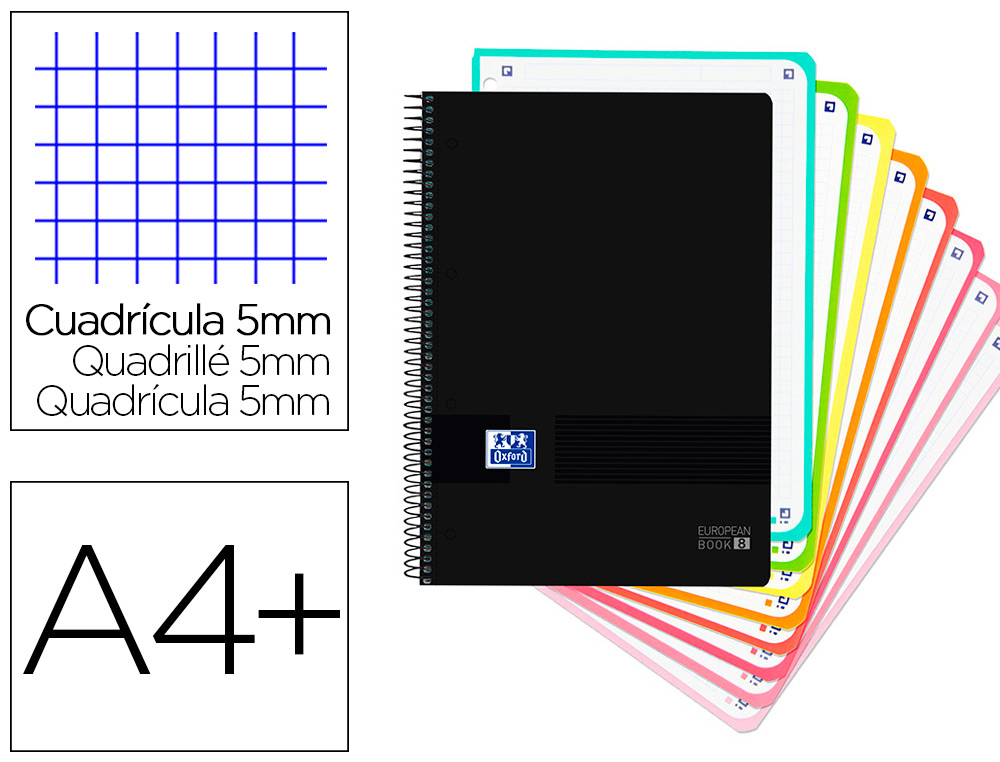 CUADERNO ESPIRAL OXFORD EBOOK 8 TAPA PLASTICO DIN A4+ 160 H CUADRICULA 5 MM BLACK'N COLORS TURQUESA