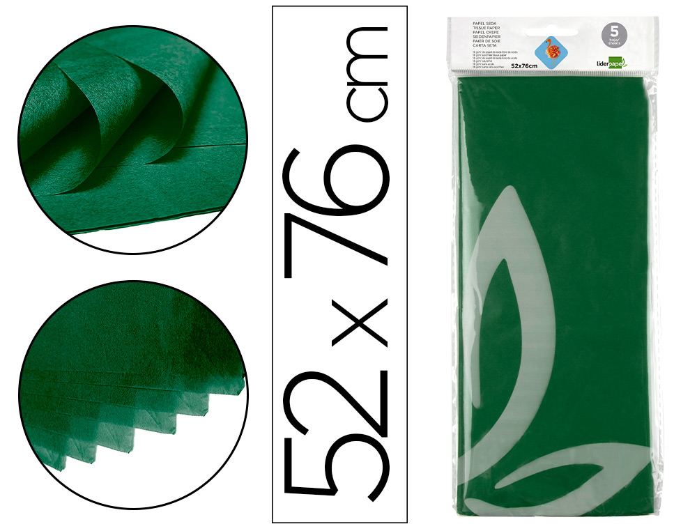 PAPEL SEDA LIDERPAPEL 52X76CM 18G/M2 BOLSA DE 5 HOJAS VERDE OSCURO