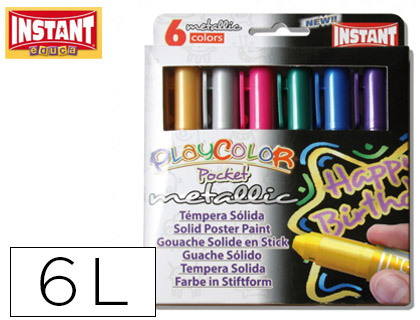 TEMPERA SOLIDA EN BARRA PLAYCOLOR POCKET ESCOLAR CAJA DE 6 COLORES METALIZADOS