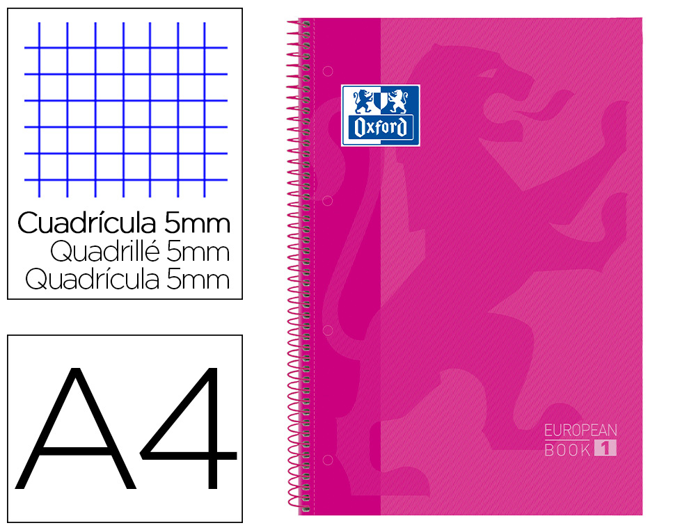 BLOC ESPIRAL OXFORD EUROPEAN BOOK TAPA EXTRADURA DIN A4 80 HOJAS CUADRICULA 5 MM COLOR ROSA