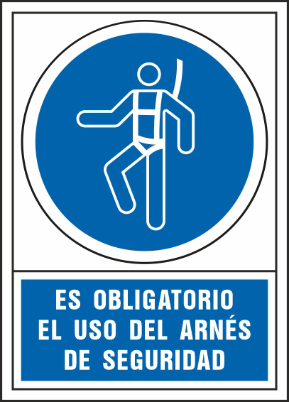 PICTOGRAMA SYSSA SEAL DE OBLIGACION ES OBLIGATORIO EL USO DE ARNES DE SEGURIDAD EN PVC 245X345 MM