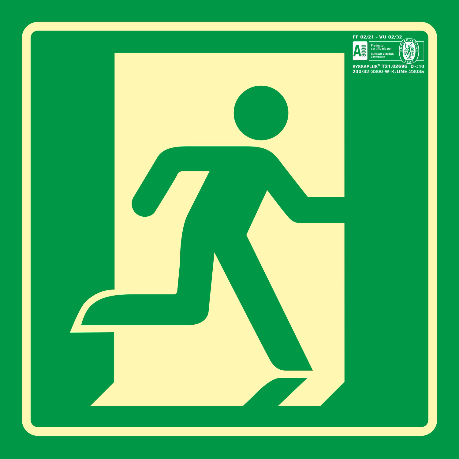 PICTOGRAMA SYSSA SEAL DE SALIDA DE EMERGENCIA DERECHA EN PVC FOTOLUMINISCENTE 224X224 MM
