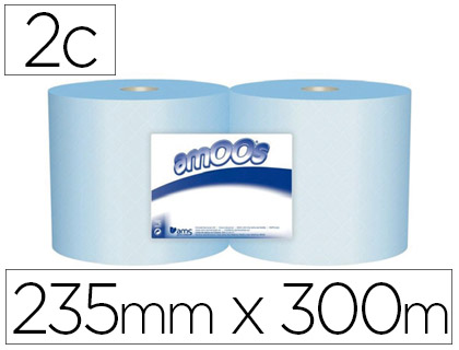 PAPEL SECAMANOS INDUSTRIAL AMOOS 2 CAPAS 235 MM X 300 MT COLOR AZUL PAQUETE DE 2 ROLLOS