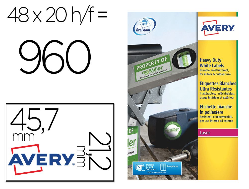 ETIQUETA ADHESIVA RESISTENTE AVERY POLIESTER PLATA 1,2 MM 45,7X21,2 MM LASER PACK DE 960UNIDADES