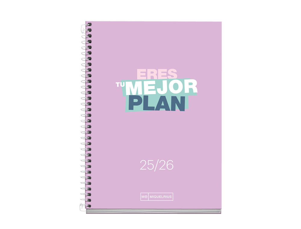 AGENDA ESPIRAL ESCOLAR MIQUELRIUS ACTIVA OCTAVO DIA PAGINA 25-26 TAPA CARTON FORRADO LILA