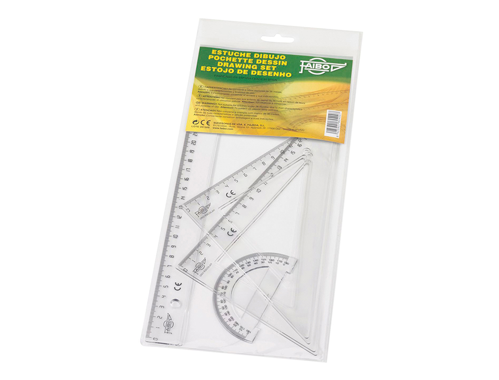 JUEGO ESCUADRA Y CARTABON 25 CM REGLA 30 CM Y SEMICIRCULO 15 CM FAIBO EN PETACA INCOLORA