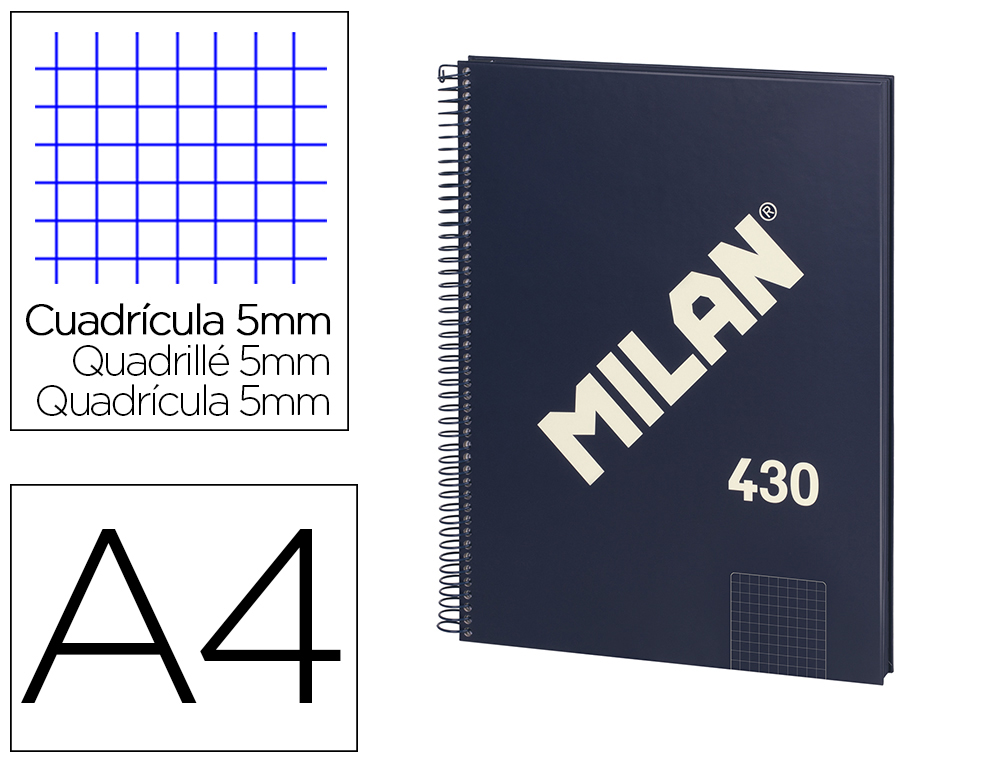 CUADERNO ESPIRAL MILAN TAPA DURA DIN A4 80 HOJAS MICROPERFORADO 4 TALADROS CUADRO 5 MM SERIE 1918 AZUL