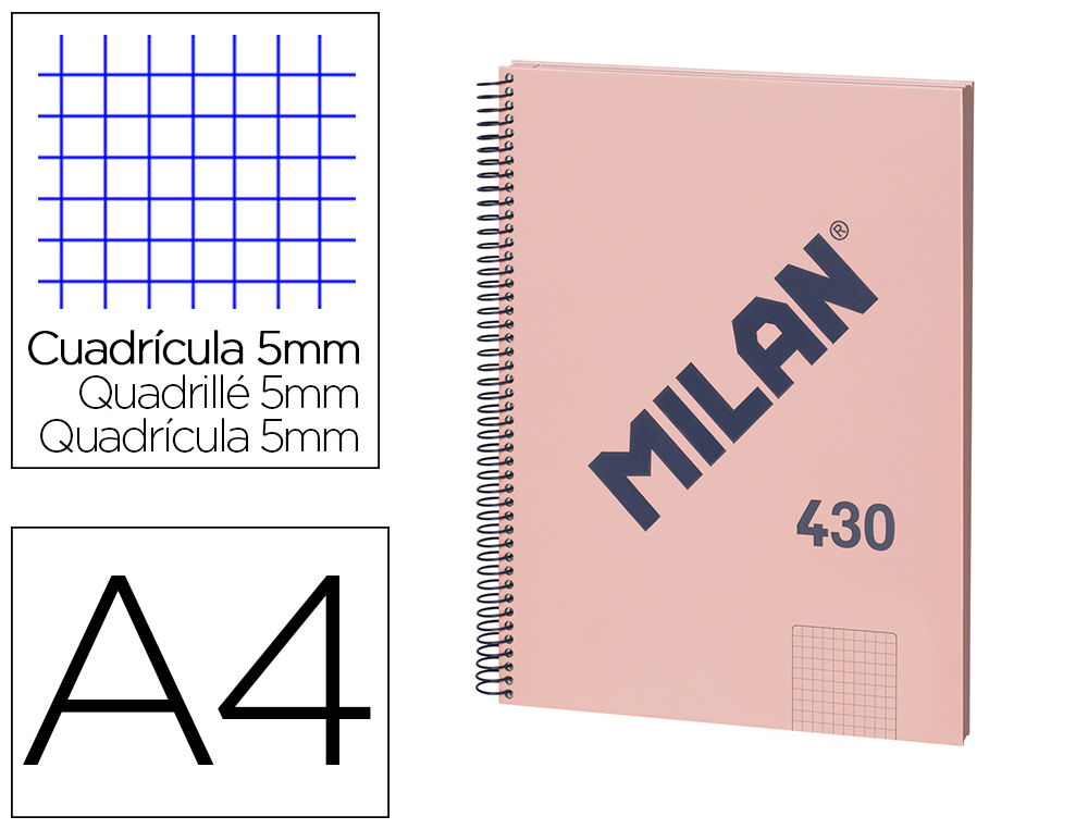 CUADERNO ESPIRAL MILAN TAPA DURA DIN A4 80 HOJAS MICROPERFORADO 4 TALADROS CUADRO 5 MM SERIE 1918 ROSA