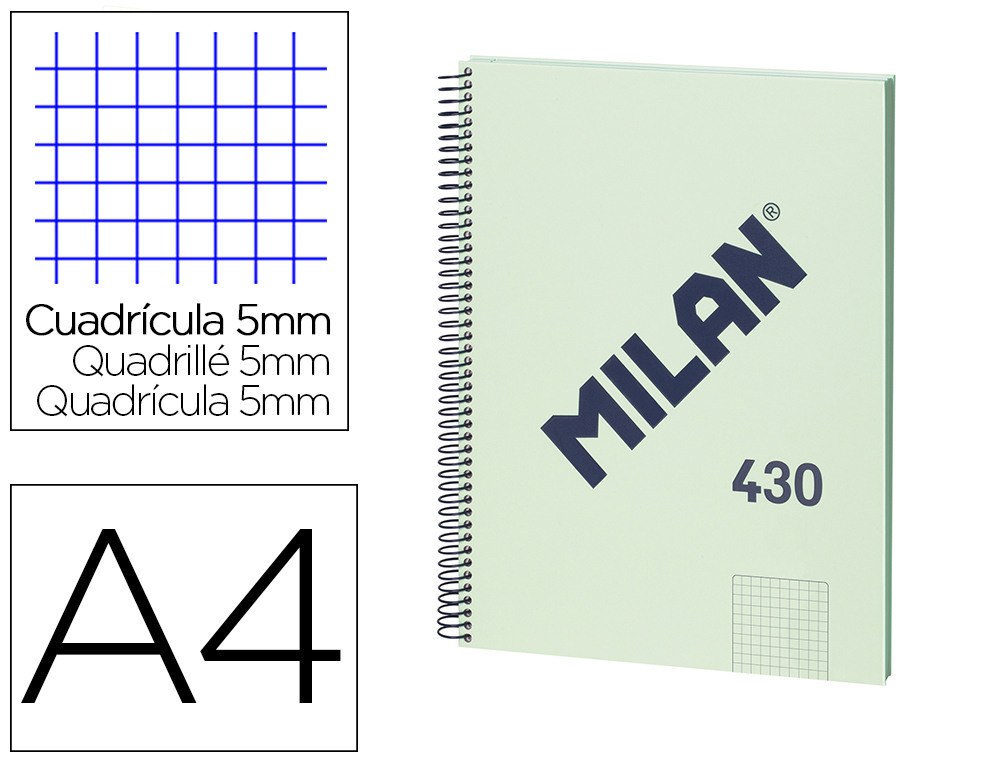 CUADERNO ESPIRAL MILAN TAPA DURA DIN A4 80 HOJAS MICROPERFORADO 4 TALADROS CUADRO 5 MM SERIE 1918 VERDE