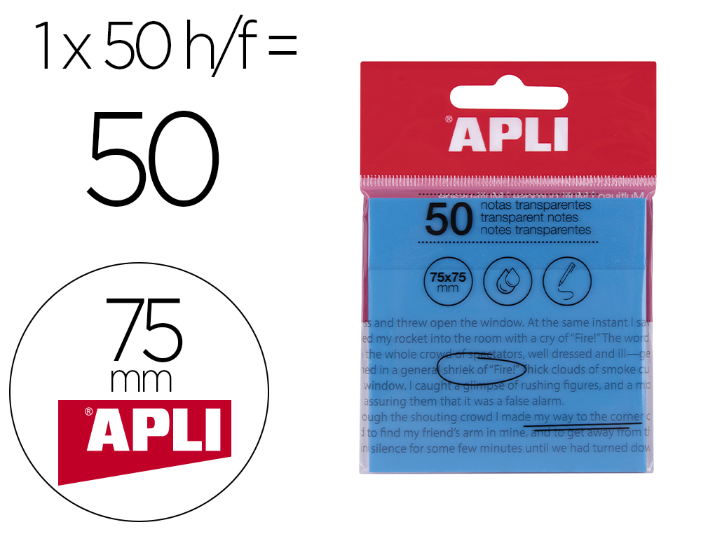 BLOC DE NOTAS ADHESIVAS QUITA Y PON APLI 75X75 MM 50 HOJAS TRANSPARENTE AZUL