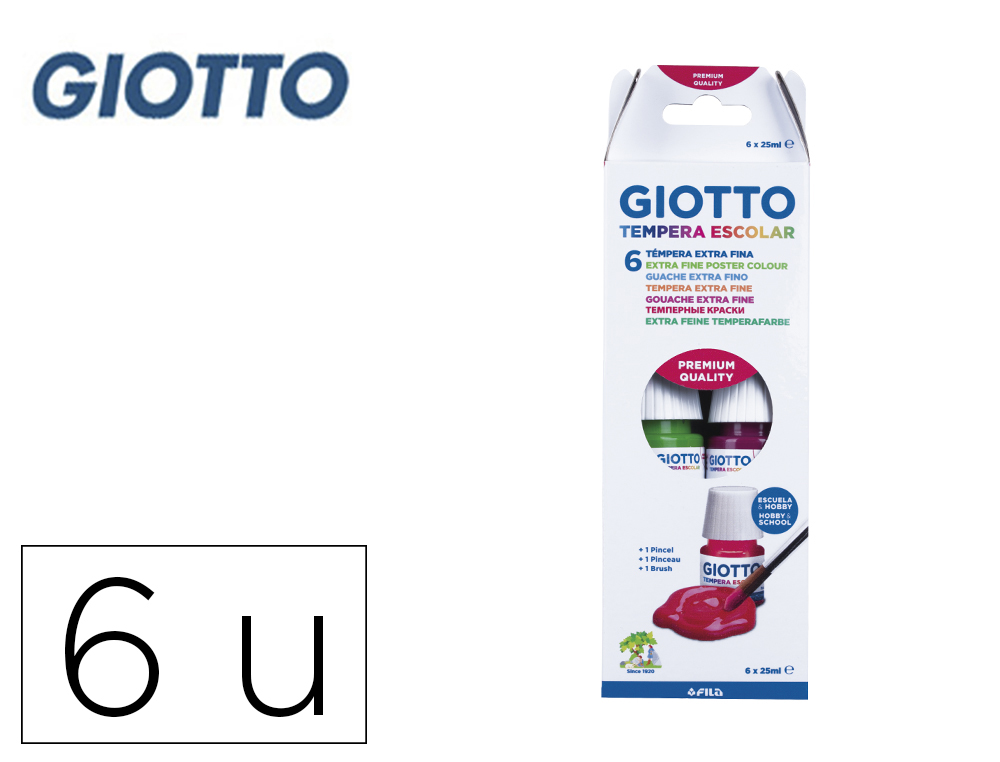 TEMPERA ESCOLAR GIOTTO 25 ML ESTUCHE DE 6 UNIDADES COLORES SURTIDOS + PINCEL
