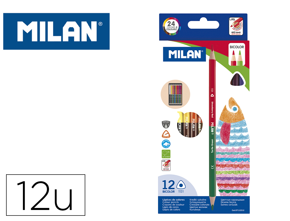 LAPICES DE COLORES MILAN BICOLOR TRIANGULARES MINA 2,9 MM CAJA DE 12 UNIDADES COLORES SURTIDOS