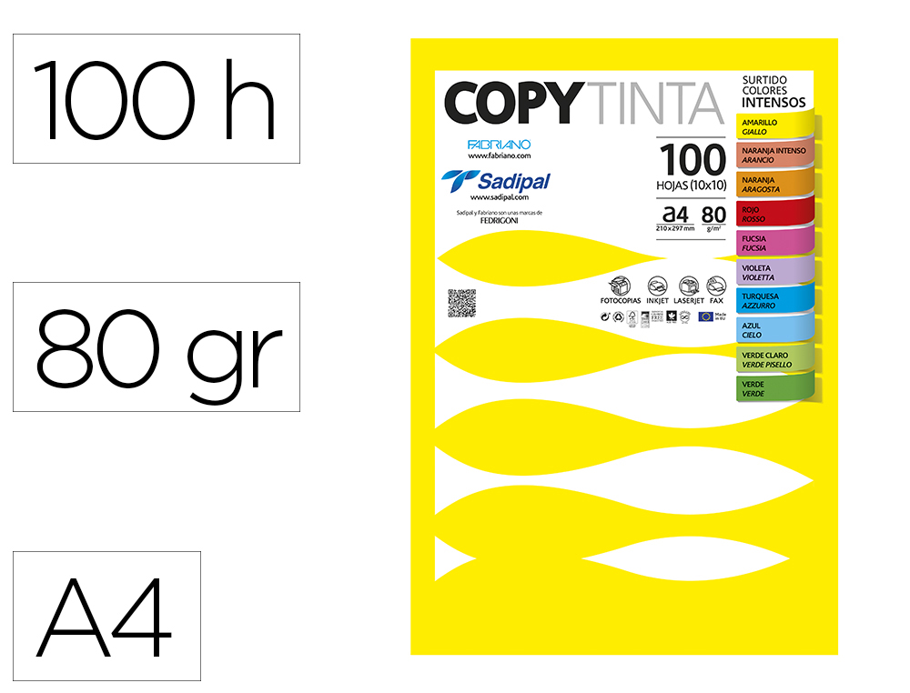 PAPEL COLOR FABRIANO DIN A4 80 GR 10 COLORES INTENSOS SURTIDOS PAQUETE DE 100 HOJAS 10XCOLOR