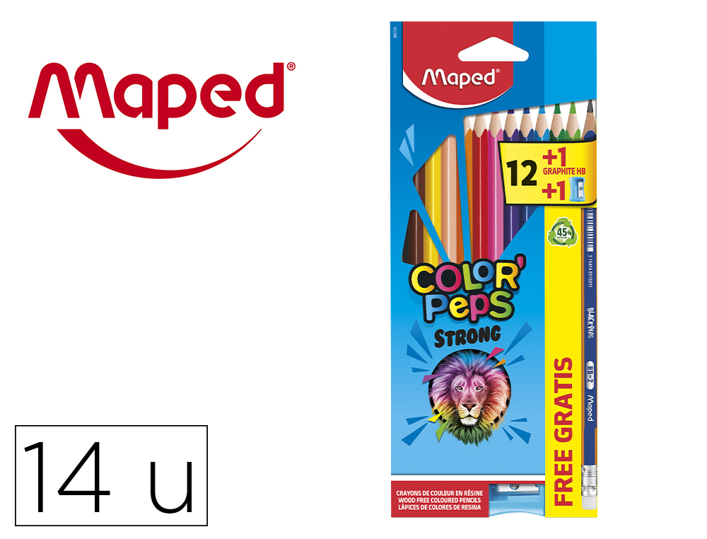 LAPICES DE COLORES MAPED COLOR PEPS CAJA DE 12 UNIDADES COLORES SURTIDOS + 1 LAPIZ GRAFITO + 1 SACAPUNTAS