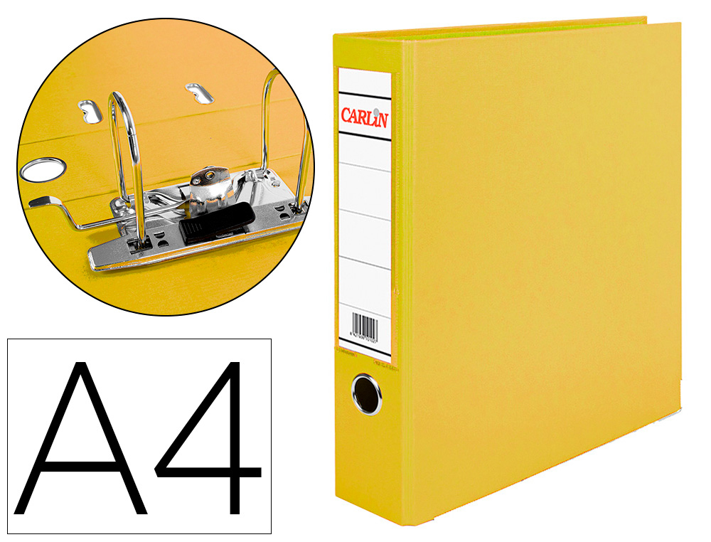 ARCHIVADOR DE PALANCA CARLIN DIN A4 FORRADO POLIPROPILENO CON RADO LOMO ANCHO 75 MM AMARILLO