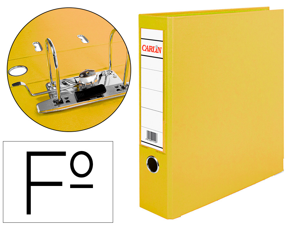 ARCHIVADOR DE PALANCA CARLIN FOLIO FORRADO POLIPROPILENO CON RADO LOMO ANCHO 75 MM AMARILLO