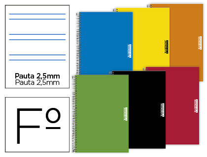 CUADERNO ESPIRAL PAPERCOP FOLIO TAPA EXTRADURA 80 HOJAS PAUTA 5 2,5 MM CON MARGEN 70 GR COLORES SURTIDOS