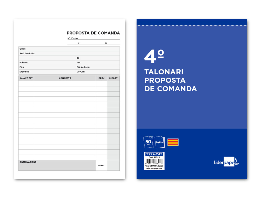TALONARIO LIDERPAPEL PEDIDOS CUARTO ORIGINAL Y COPIA T222 TEXTO EN CATALAN