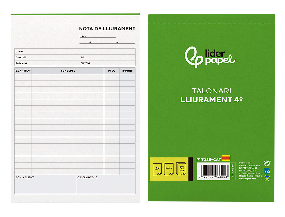 TALONARIO LIDERPAPEL ENTREGAS CUARTO ORIGINAL Y COPIA T226 TEXTO EN CATALAN