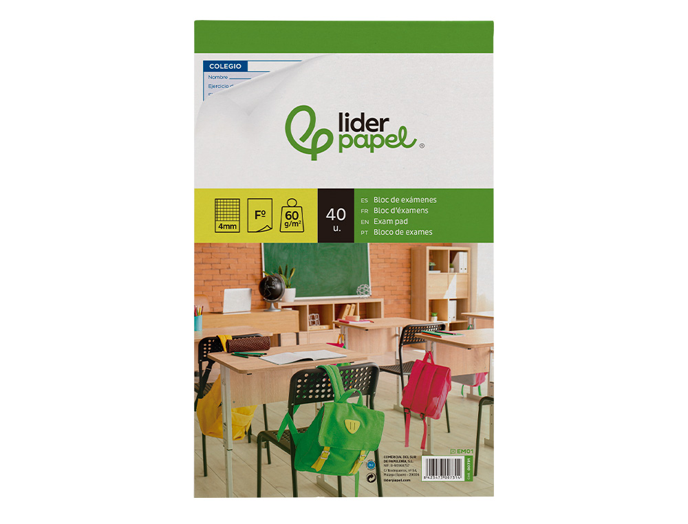 BLOC EXAMENES LIDERPAPEL CUADRO 4MM FOLIO 40 HOJAS 60G/M2