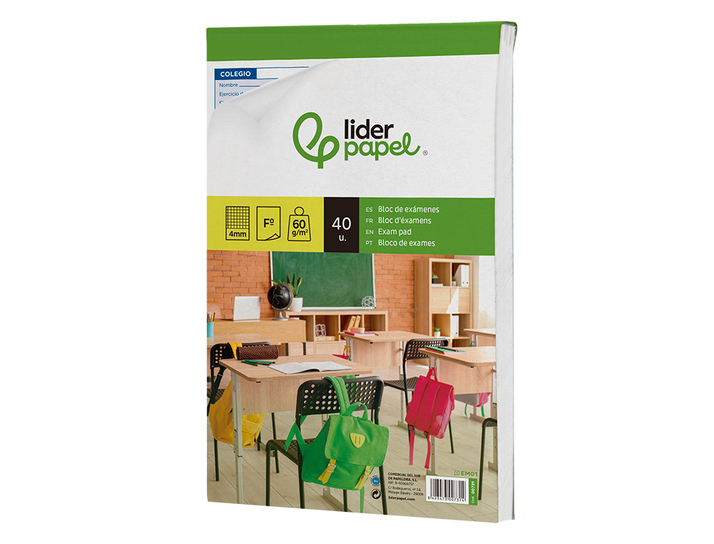BLOC EXAMENES LIDERPAPEL CUADRO 4MM FOLIO 40 HOJAS 60G/M2