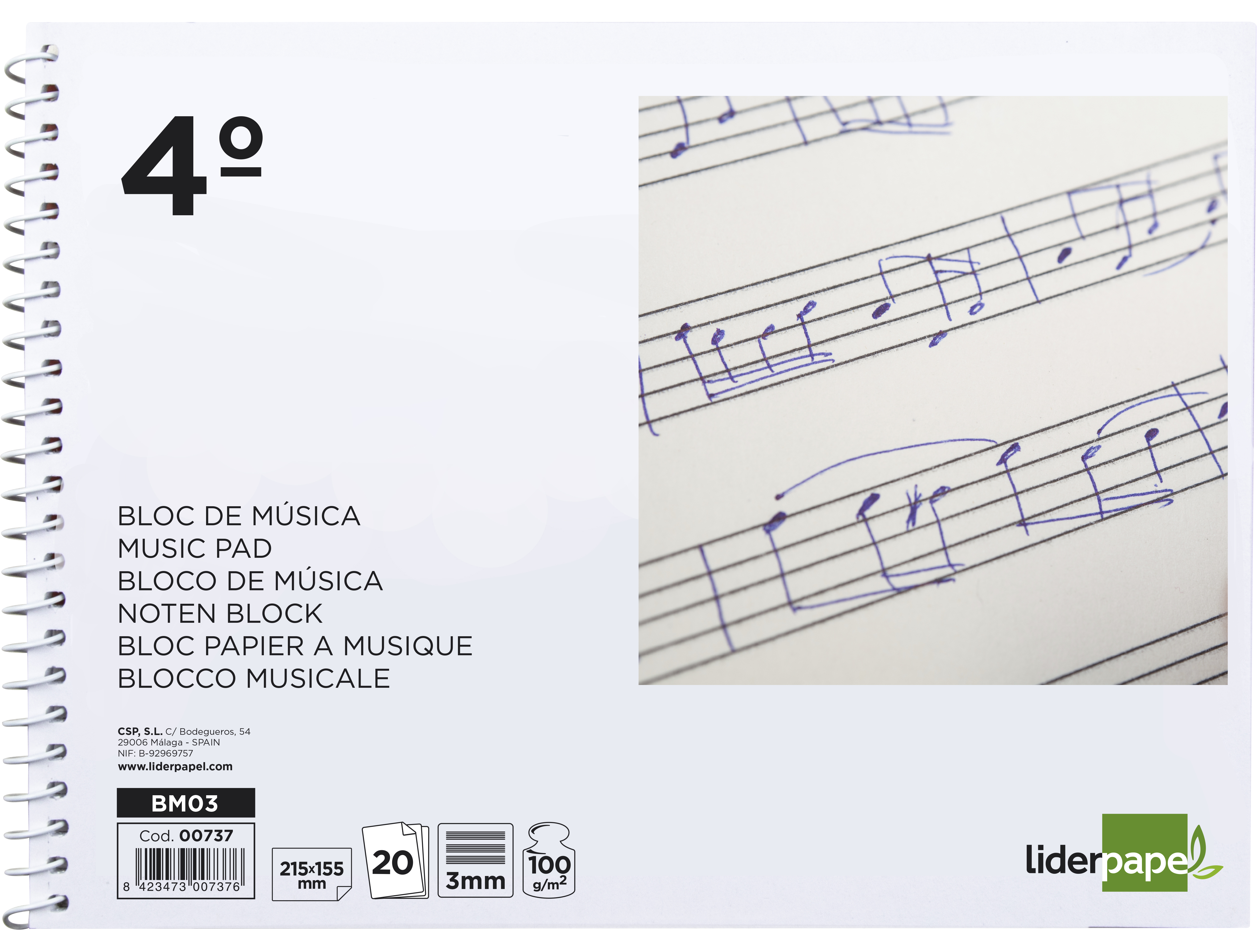 BLOC MUSICA LIDERPAPEL PENTAGRAMA 3MM CUARTO 20 HOJAS 100G/M2