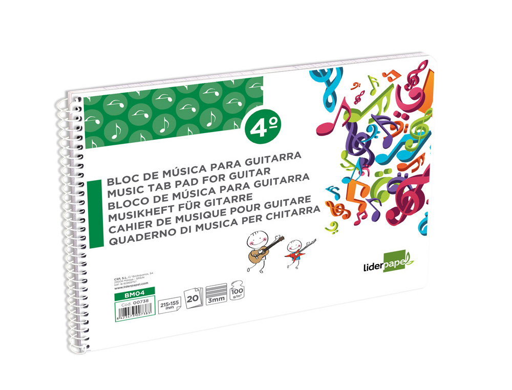 BLOC MUSICA LIDERPAPEL PARA GUITARRA HEXAGRAMA 3 MM CUARTO 20 HOJAS 100G/M2