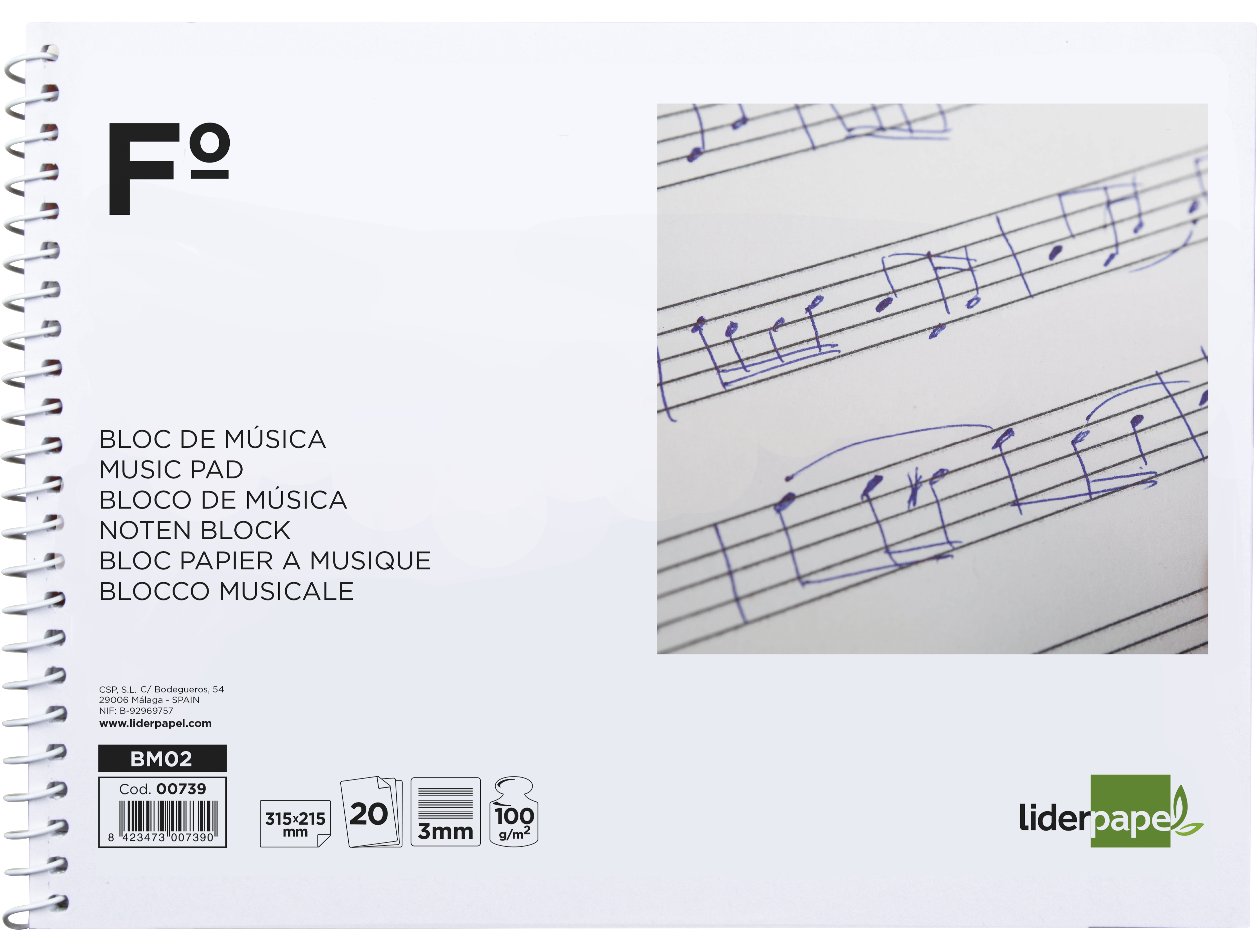 BLOC MUSICA LIDERPAPEL PENTAGRAMA 3MM FOLIO APAISADO 20 HOJAS 100G/M2