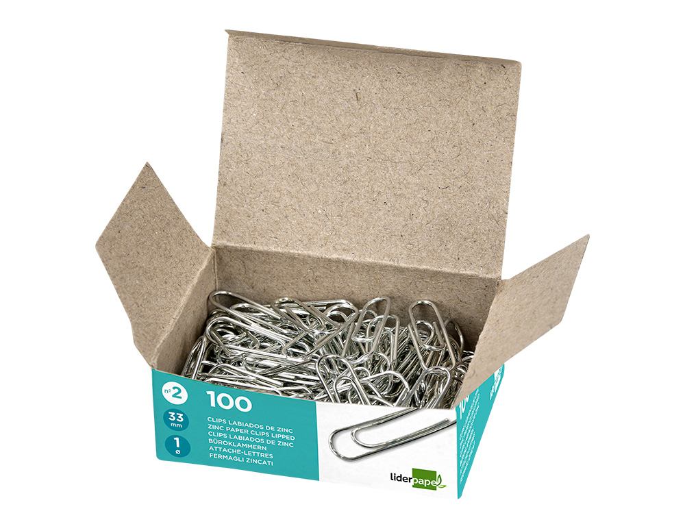 CLIPS LIDERPAPEL Nº2 LABIADOS 33 MM CAJA DE 100 UNIDADES