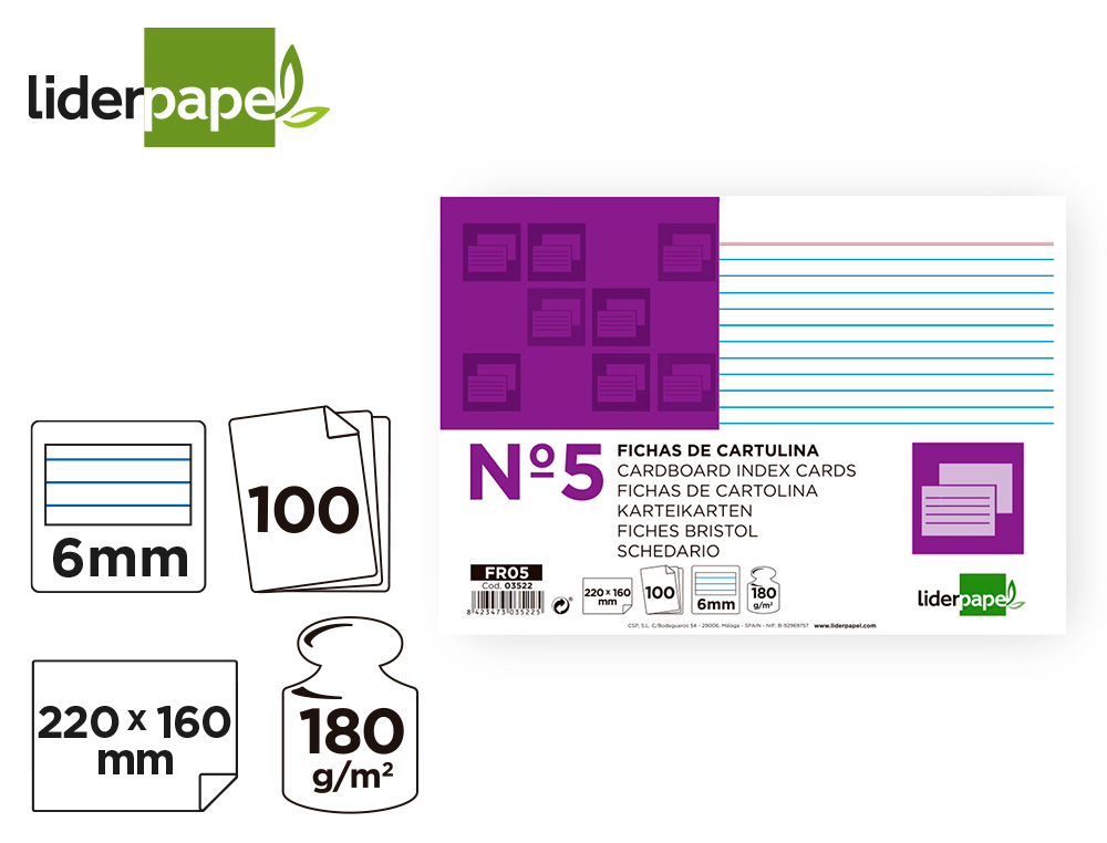 FICHA LIDERPAPEL RAYADA N5 160X220 MM 180G/M2 PAQUETE DE 100 UNIDADES