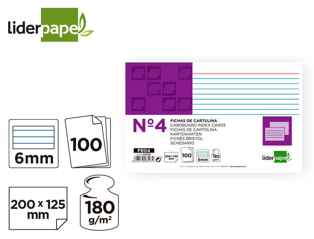 FICHA LIDERPAPEL RAYADA Nº4 125X200 MM 180G/M2 PAQUETE DE 100 UNIDADES