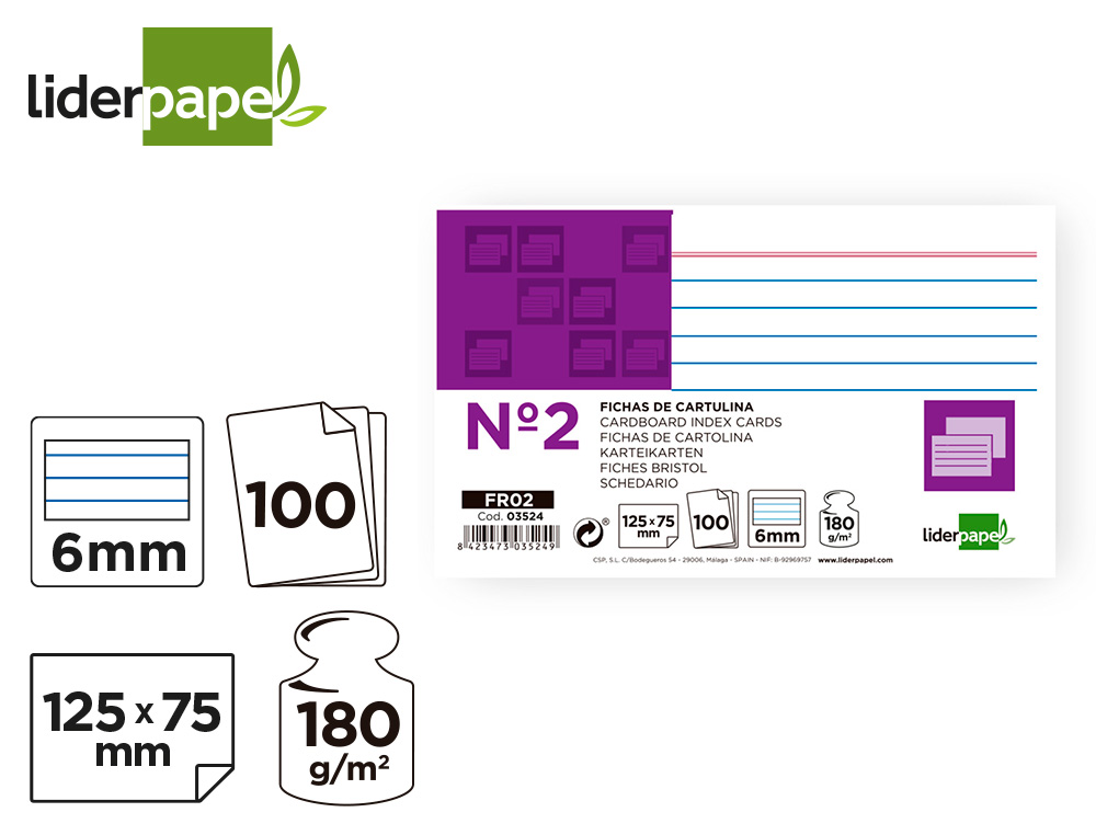 FICHA LIDERPAPEL RAYADA N2 75X125 MM 180G/M2 PAQUETE DE 100 UNIDADES