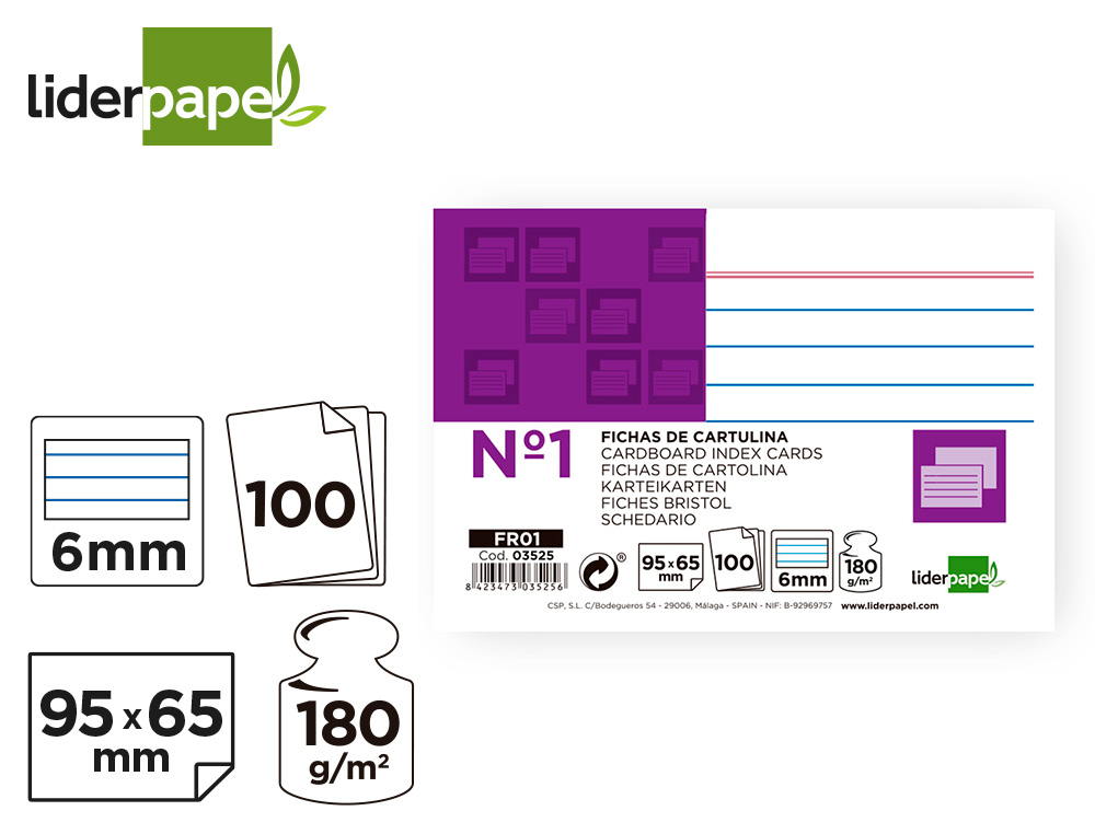 FICHA LIDERPAPEL RAYADA Nº1 65X95 MM 180GR PAQUETE DE 100 UNIDADES