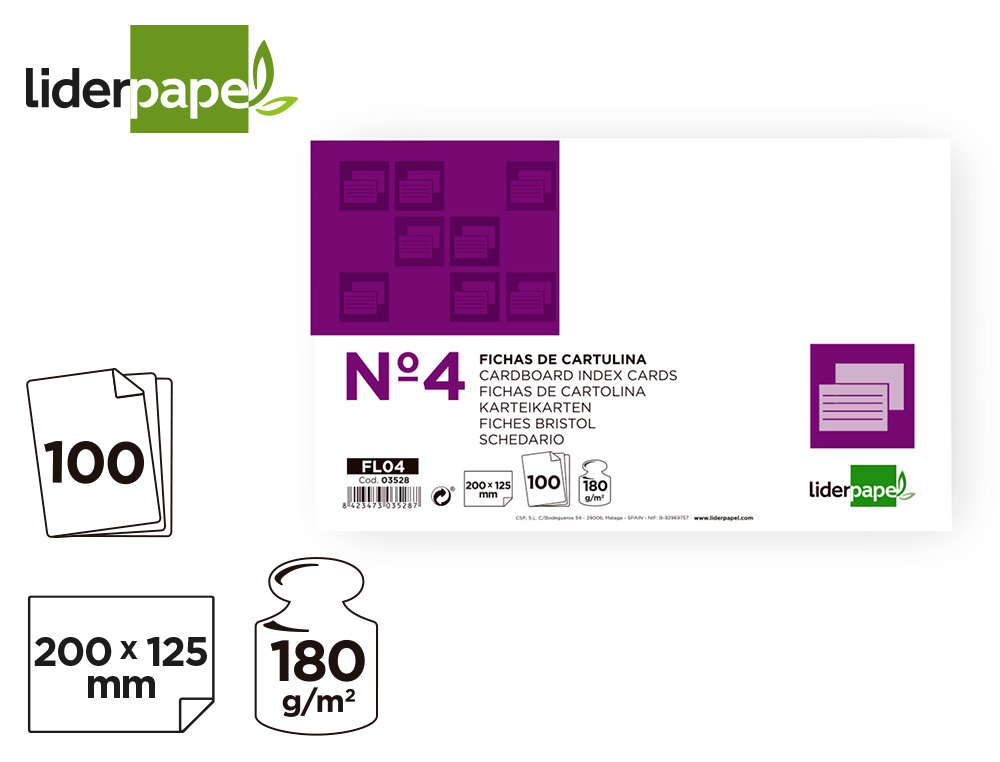 FICHA LIDERPAPEL LISA Nº4 125X200MM PAQUETE DE 100 180G