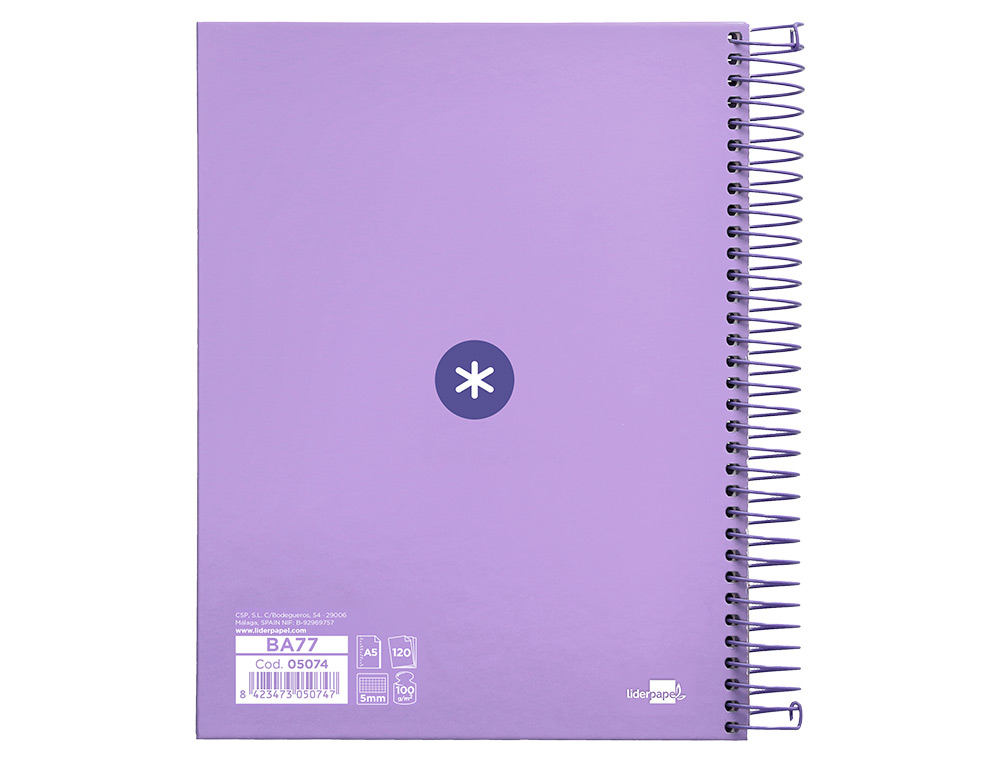 CUADERNO ESPIRAL A5 MICRO ANTARTIK TAPA FORRADA120H 90 GR CUADRO 5MM 5 BANDA 6 TALADROS COLOR LAVANDA