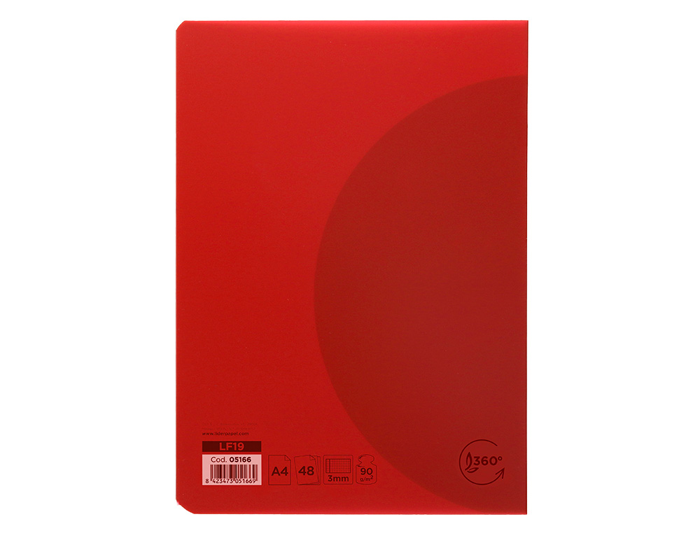 LIBRETA LIDERPAPEL 360 TAPA DE PLASTICO A4 48 HOJAS 90G/M2 CUADRO 3MM CON MARGEN COLORES SURTIDOS