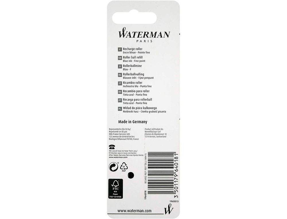 RECAMBIO BOLIGRAFO WATERMAN STANDAR MAXIMA 53425 NEGRO
