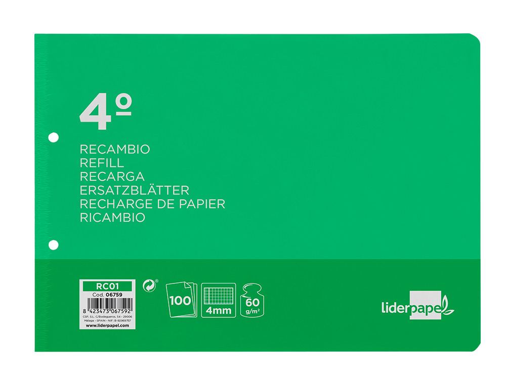 RECAMBIO LIDERPAPEL CUARTO APAISADO 100 HOJAS 60GR CUADRO 4 MM 2 TALADROS CON MARGEN