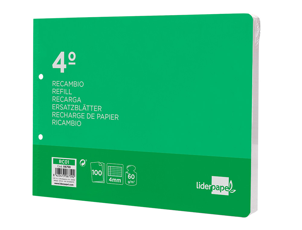 RECAMBIO LIDERPAPEL CUARTO APAISADO 100 HOJAS 60GR CUADRO 4 MM 2 TALADROS CON MARGEN