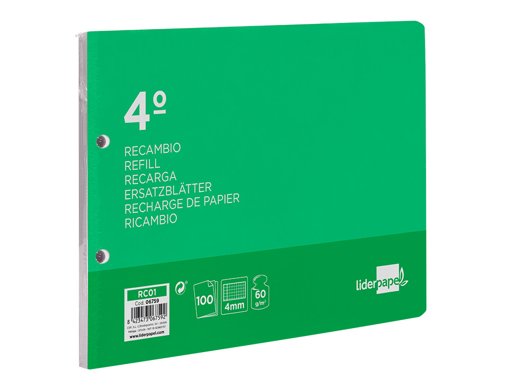 RECAMBIO LIDERPAPEL CUARTO APAISADO 100 HOJAS 60GR CUADRO 4 MM 2 TALADROS CON MARGEN